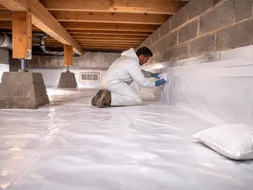 Worker sealing crawl space vapor barrier to the foundation wall with tape; vent cover visible on the left.