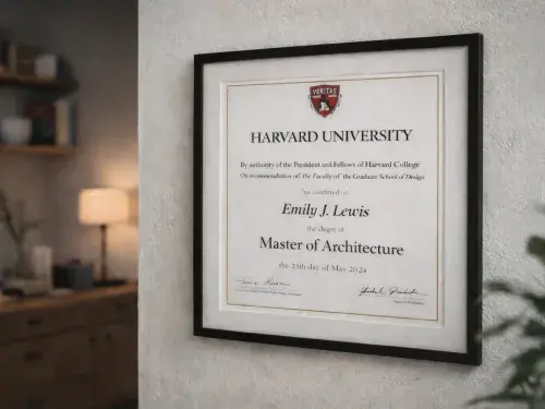 Framed Master of Architecture degree on wall in modern studio-style room.