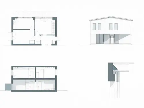 Architectural floor plan, elevation, section, and wall detail shown together as one drawing set.