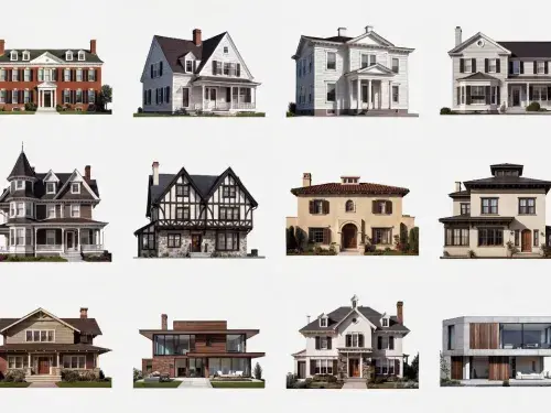 Comparison plate of major house styles from historic revivals to modern residential design.`