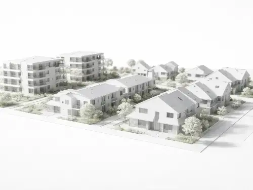 Architectural neighborhood model showing mixed housing types.