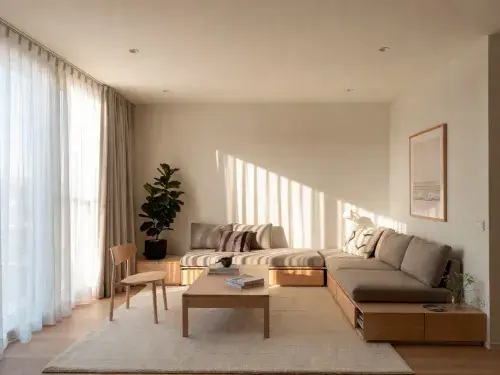 Minimalist living room with low wood furniture, neutral tones, and soft natural light.