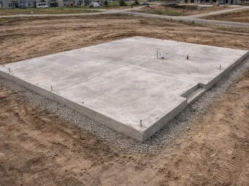 Residential slab-on-grade foundation with anchor bolts, plumbing rough-ins, and gravel perimeter base on graded lot.