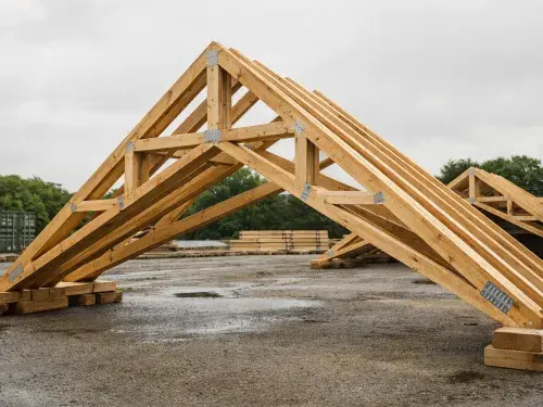 Wood scissor truss in a fabrication yard with sloped bottom chords and vaulted ceiling geometry.