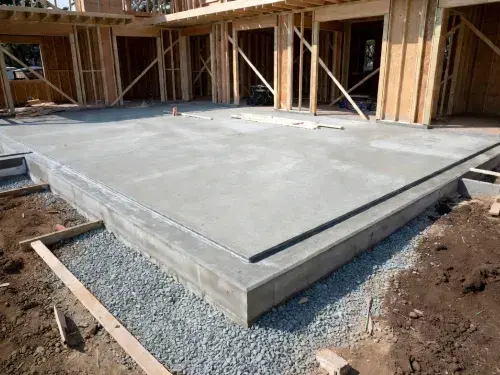 Slab-on-grade concrete foundation with wood framing built directly on the slab.