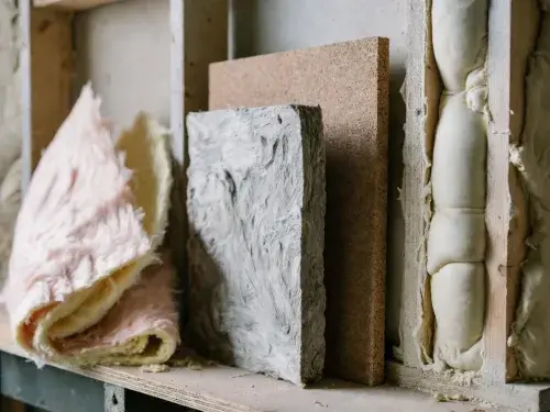 How to choose the best sustainable insulation: close-up of fiberglass, mineral wool, cork and spray foam in workshop