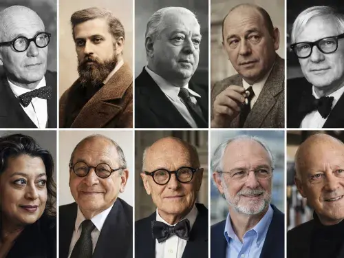 Portrait collage representing ten influential architects from different eras of architecture.