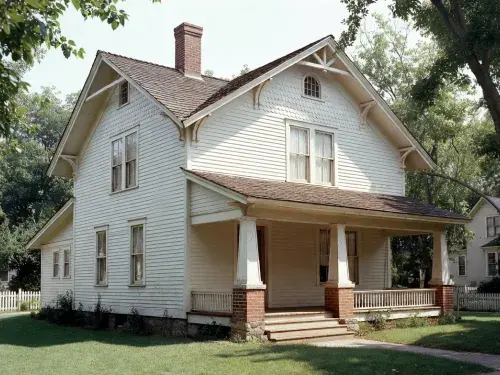 1910s gabled wood house with front porch, simple trim, and late Victorian carryover details.