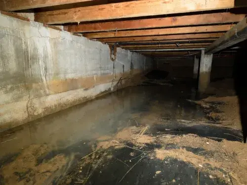 Standing water across a crawl space floor beneath joists and foundation walls.