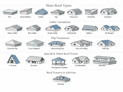 Chart showing main roof types, gable variations, hip variations, special roof forms, and dormer roof features.