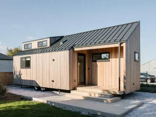 Tiny home on wheels with timber cladding, dormer loft, and small porch.