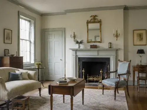 Federal-style parlor with tall windows, pale trim, restrained fireplace mantel, slim furniture, muted colors, and brass accents.