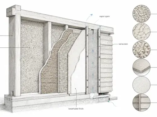 Diagram of hemp building materials showing hempcrete infill, timber framing, hemp insulation, hemp fiber board, breathable plaster, rainscreen cladding, and vapor-open wall layers.