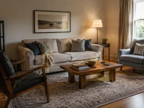 Modest living room with a correctly sized rug, grouped seating, layered lighting, wood furniture, fabric textures, and simple wall art.
