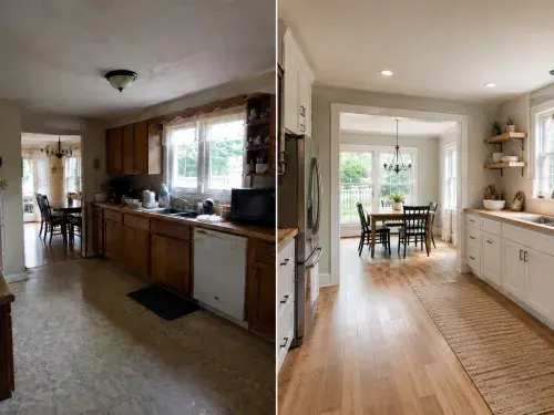 Before and after ranch kitchen remodel showing a dark dated kitchen changed into a brighter layout with cleaner cabinets, improved light, and a better dining connection.