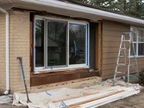 Ranch house exterior during window replacement with exposed trim, taped glass, ladder, drop cloths, brick, siding, and tools.