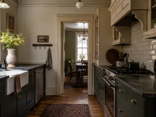 Victorian kitchen remodel with dark painted cabinets, apron-front sink, stone counters, old-house trim, and modern appliances worked quietly into the room.
