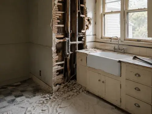 Opened wall in a 1930s kitchen showing old plumbing beside an apron sink, painted cabinets, and checkerboard floor.
