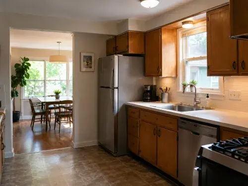 1950s ranch kitchen remodel with improved cabinets, better lighting, and kept layout.
