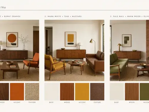 Diagram showing three controlled 1960s color palettes using base color, wood tone, accent color, and texture.