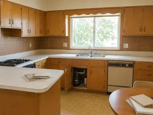 1960s kitchen before renovation with wood cabinets, brown tile backsplash, old dishwasher, vinyl floor, and open sink cabinet.
