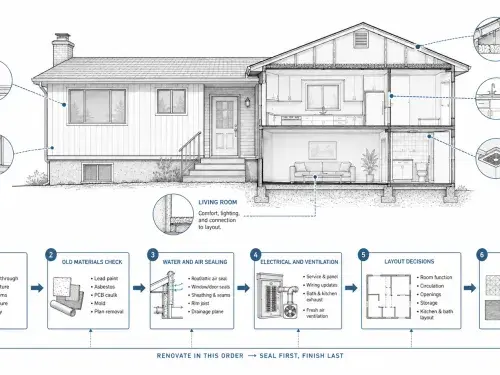 Diagram showing the right renovation order for a 1970s house from inspection to finishes.
