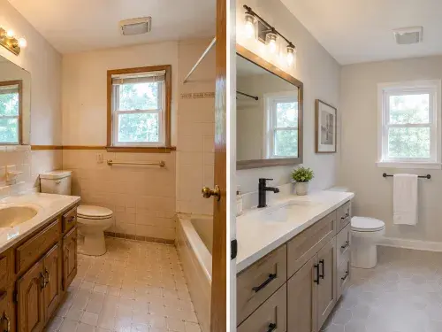 Before-and-after 1980s bathroom remodel with old beige tile, oak vanity, brass light fixture, and a cleaner updated bathroom.