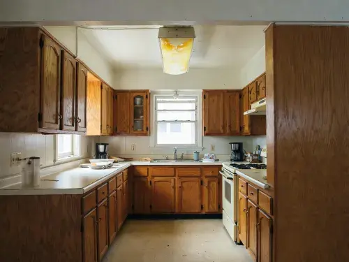 Original 1980s closed kitchen layout with oak cabinets, fluorescent light, laminate counters, and narrow work aisles.
