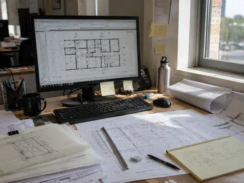 Architectural draftsman desk with CAD drawing, redlined plans, scale ruler, trace paper, and construction detail notes.