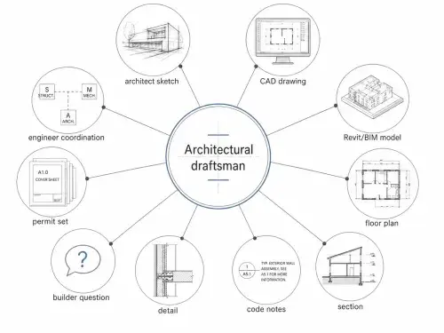 Diagram showing how an architectural draftsman connects architect sketches, CAD drawings, BIM models, details, codes, engineers, permits, and builders.