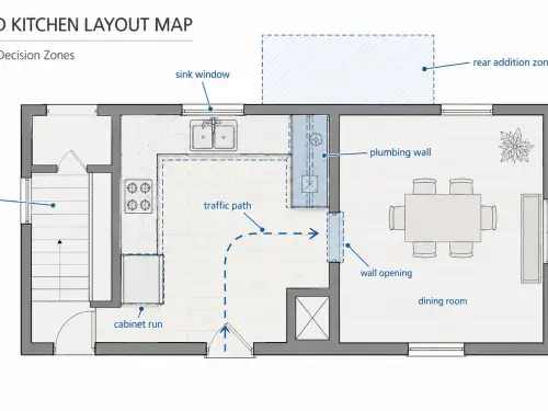 Diagram showing Cape Cod kitchen layout constraints including wall opening, stair, sink window, plumbing wall, traffic path, and rear addition zone.