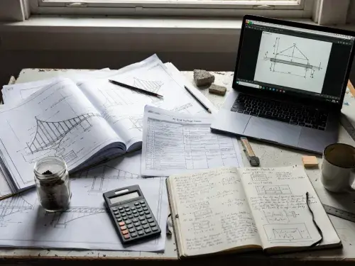 Civil engineering study desk with structural drawings, laptop, calculator, and notes.