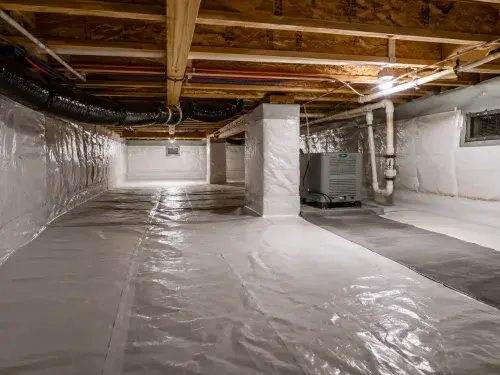 Encapsulated and conditioned crawl space with sealed vapor barrier, insulated crawl-space walls, sealed vents, joists, and dehumidifier.