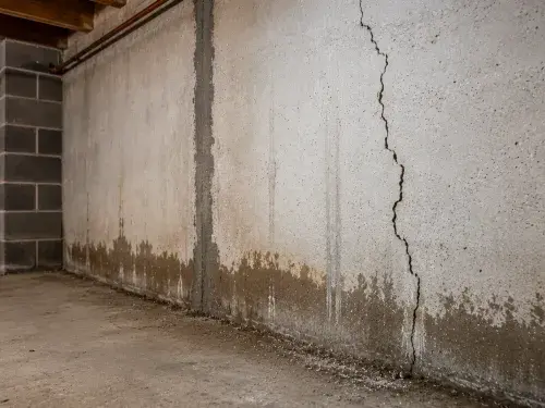Foundation crack inspection on an unfinished concrete basement wall with moisture staining and rough concrete texture.