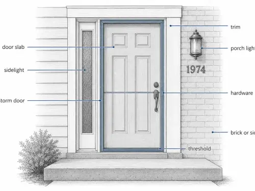 Diagram showing the parts of a 1970s front door entry assembly.