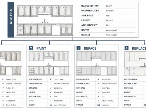 Decision map comparing keep, paint, reface, and replace options for 1980s oak kitchen cabinets.