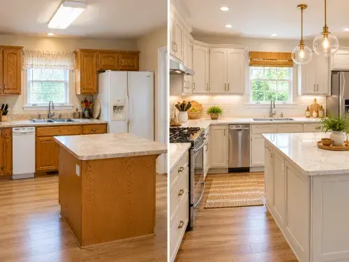 Before and after 1990s oak kitchen with painted cabinets, updated counters, and better lighting.