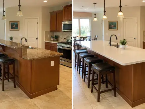 Before and after 2000s kitchen island changed from raised breakfast bar to one flat counter height.