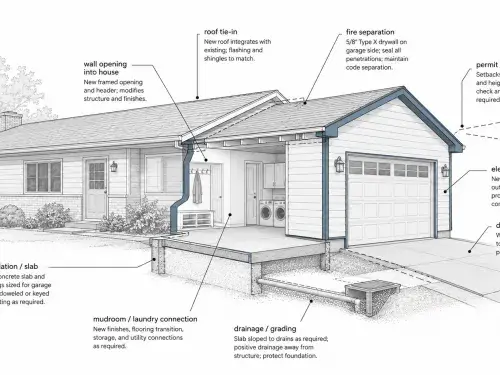 Diagram mapping hidden scope items around a ranch house garage addition.