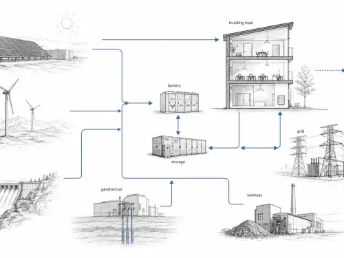 Diagram showing solar, wind, hydropower, geothermal, biomass, battery storage, grid connection, and building energy demand.