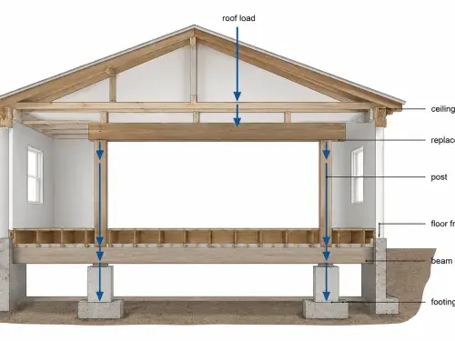 Diagram showing roof and ceiling load transferring through beam posts to foundation.
