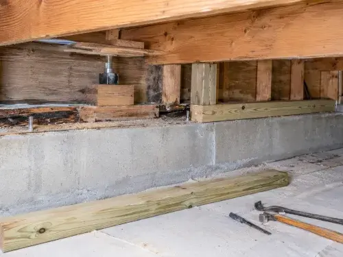 Rotted sill plate section removed near foundation wall for repair.