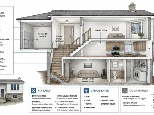Cutaway diagram of a 1980s split-level house showing remodel order for entry stairs, railings, kitchen wall, lower level, exterior, moisture, and flooring transitions.