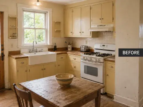 Worn kitchen in a house built around 1900, with painted cabinets, a later white gas range, a farmhouse sink beneath the window and old wood flooring.
