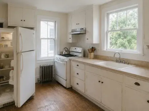 Open refrigerator doors blocking the pantry and passage in a narrow 1910s kitchen.