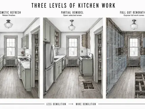 Three views of a 1910s kitchen showing cosmetic, partial, and full-gut remodeling scopes.