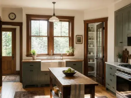 Remodeled 1910s kitchen with original wood trim, pantry, painted cabinets, and a freestanding worktable.