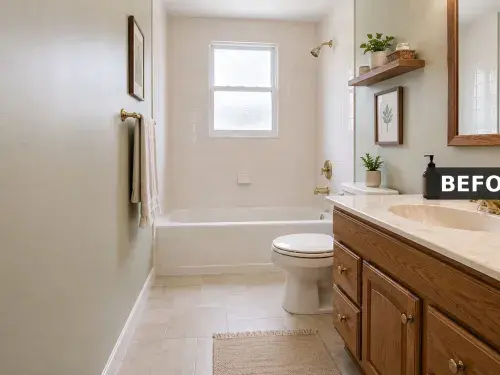 1980s hall bathroom with oak vanity, brass fixtures, almond toilet, and beige tile tub surround.