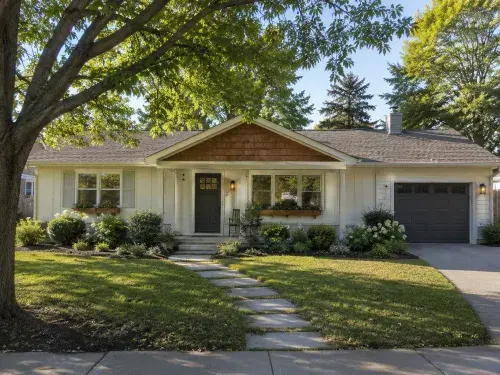 Updated 1980s ranch exterior with front garage, cedar gable, dark garage door, and shaded front yard.