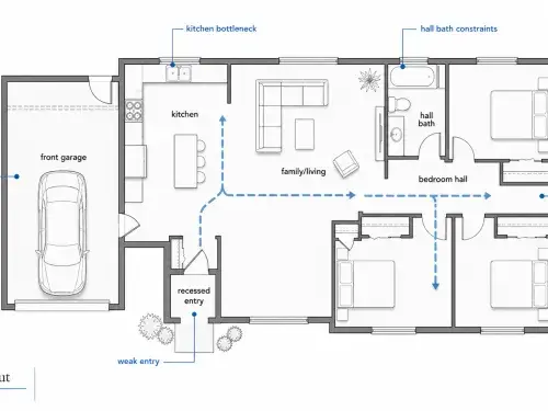 Diagram showing common 1980s ranch house remodel problem areas in the floor plan.